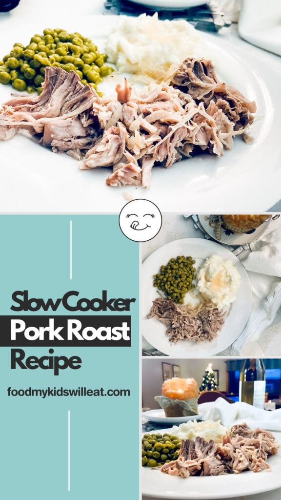 Super Easy 3 Ingredient Slow Cooker Pork Roast Recipe 9 Pinterest pin featuring 3 photos of pork roast with mashed potatoes and peas and sauerkraut. First picture is a clear 45 degree angle. Second picture is a flat lay top angle. Third picture is looking on the food with a Christmas tree and white lights in the background. A medium teal box with black lettering Slow Cooker Pork Roast Recipe. There's also a yum face emoji on it in black and white.