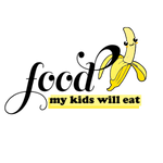 Food my kids will eat logo featuring a banana with a cute face illustration
