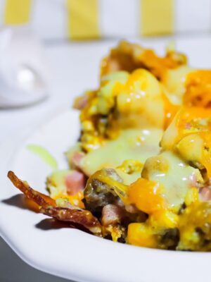 photo of eggs with sausage, bacon, cheddar cheese and hollandaise sauce on a white plate, on a white counter, with egg shells sparkling in the background in front of a yellow and white towel