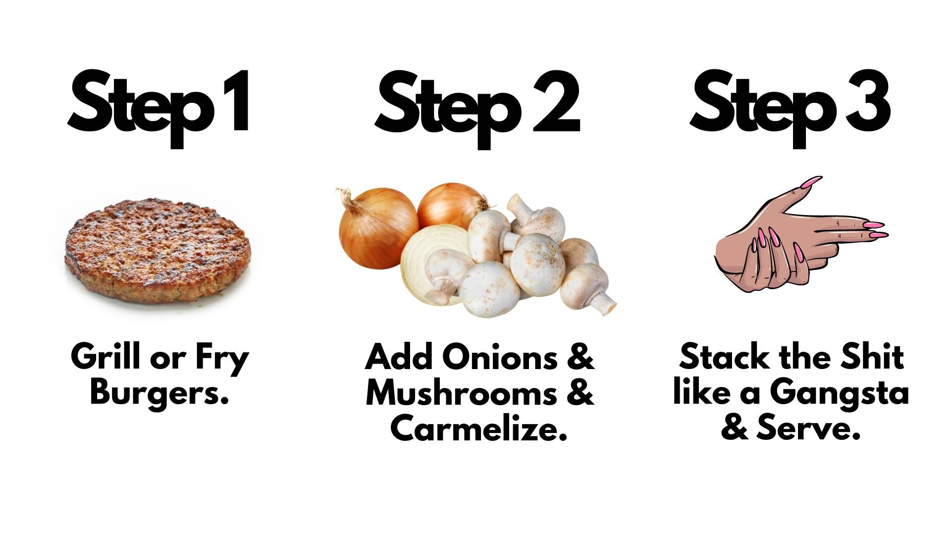Cheyenne Cowboy Burger (Authentic Wyoming Recipe) 6 cowboy burger process - step 1 grill or fry burgers, step 2 add onions, mushrooms and caramelize, step 3 stack the shit like a gangsta and serve,