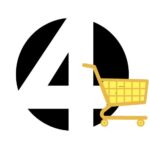A large 4 in white on a black circle with a grocery cart in two shades of yellow