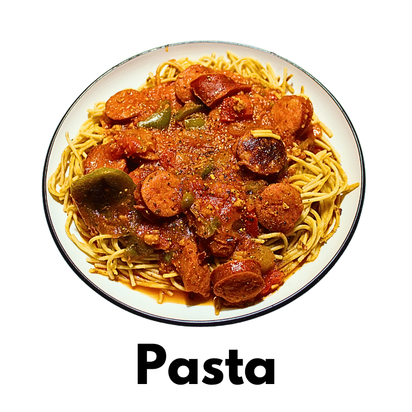 Category Pasta with photo of spaghetti with meat sauce and kielbasa sausage