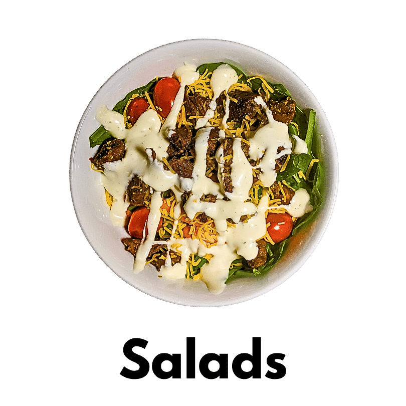 Category Salad with photo of bowl with salad and ranch dressing and steak cubes