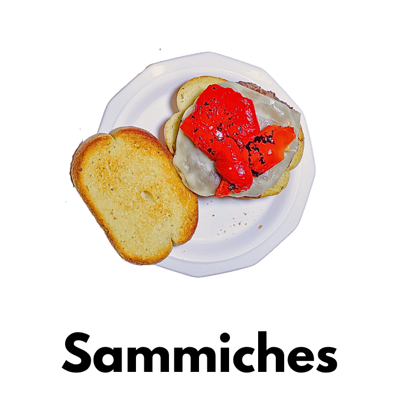 Category Sandwiches, spelled Sammiches, with photo of burger with mozzarella cheese, red peppers on Texas Garlic Toast