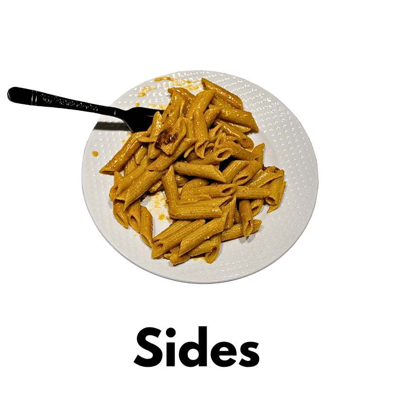 Category Sides with photo of spicy penne noodles complete with a McDonalds Plastic Fork