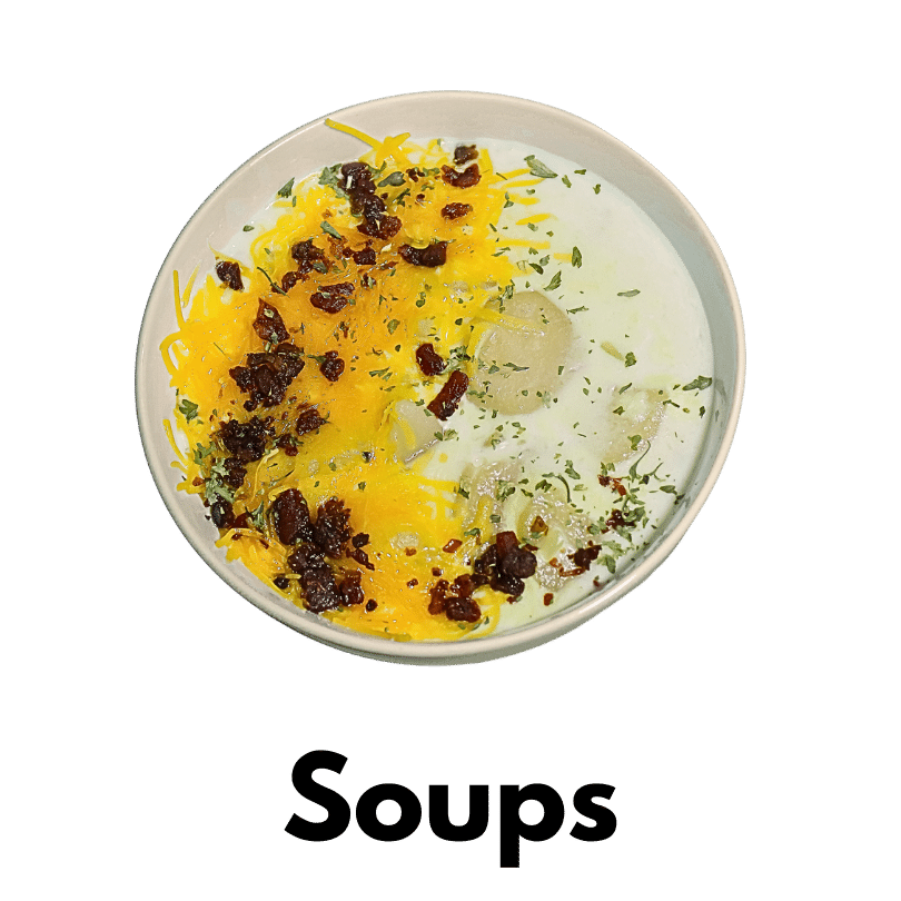Category Soups with photo of potato soup topped with cheddar and bacon bits.